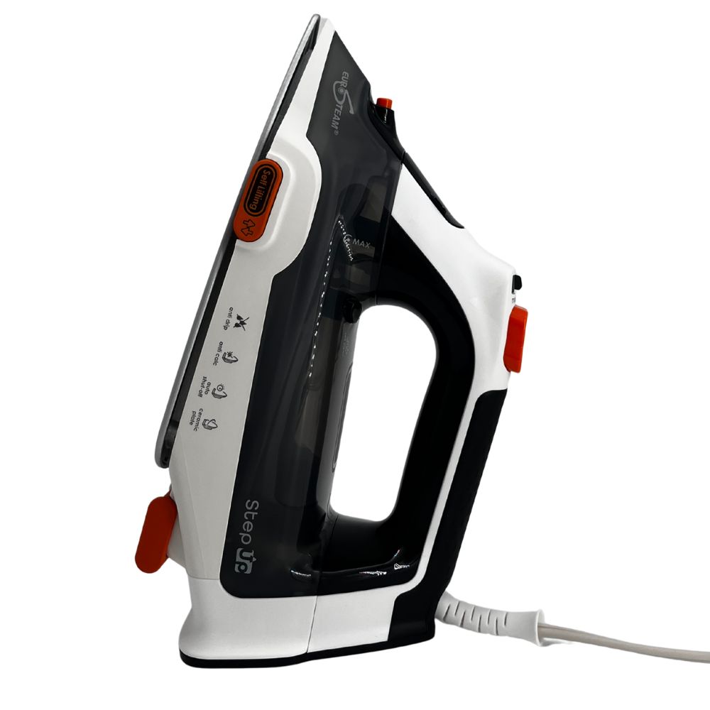 Effortless ironing with the Eurosteam Step Up Iron—designed for comfort and safety. Eurosteam iron ergonomic handle with clearly labeled buttons