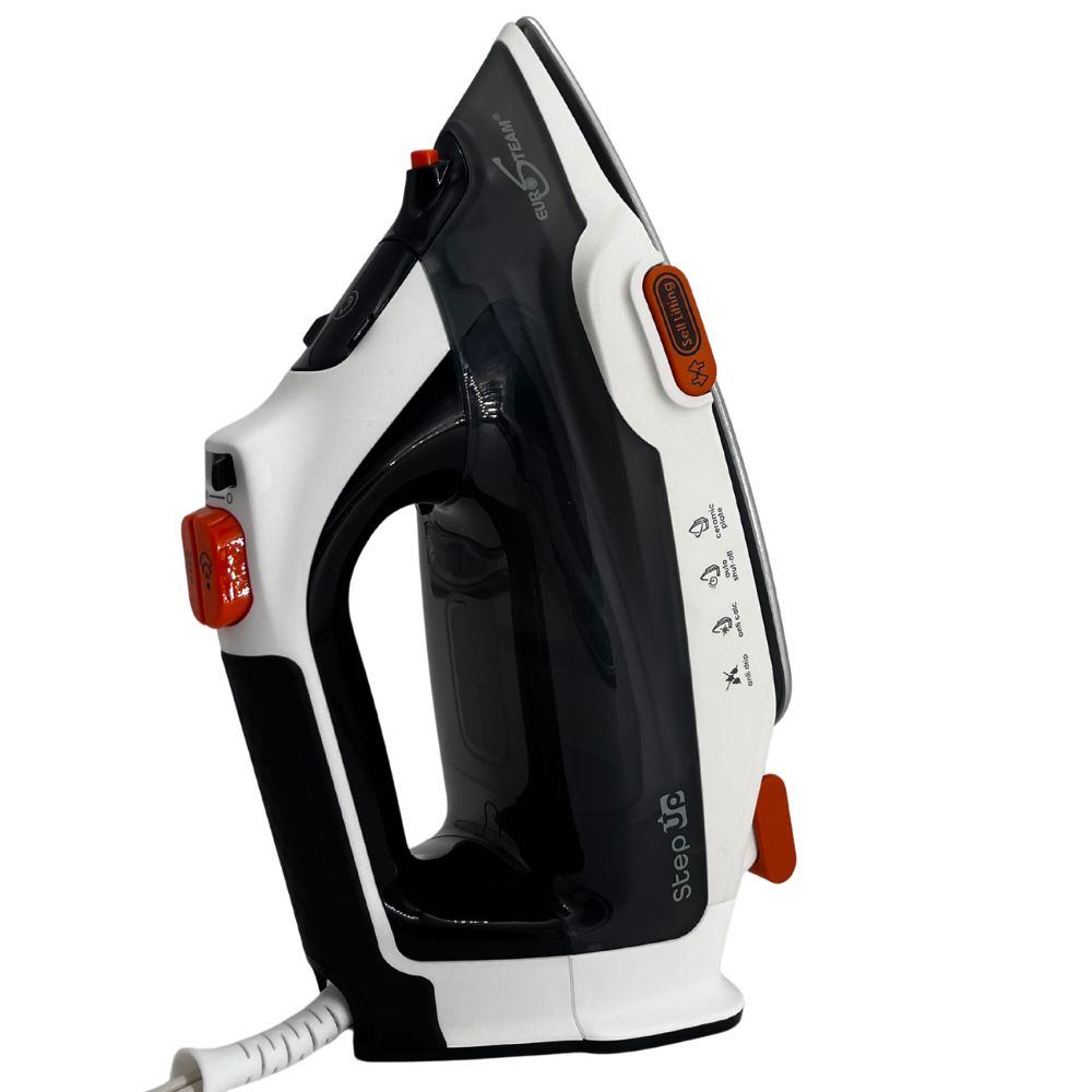 Vertical steam setting refreshes garments without an ironing board. Side view of Eurosteam Step Up Iron resting in upright position