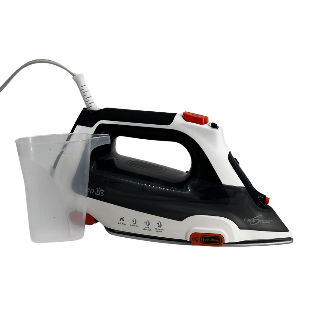 Paired with our measuring cup for precise water refills every time. Overview shot of the iron with included measuring cup.