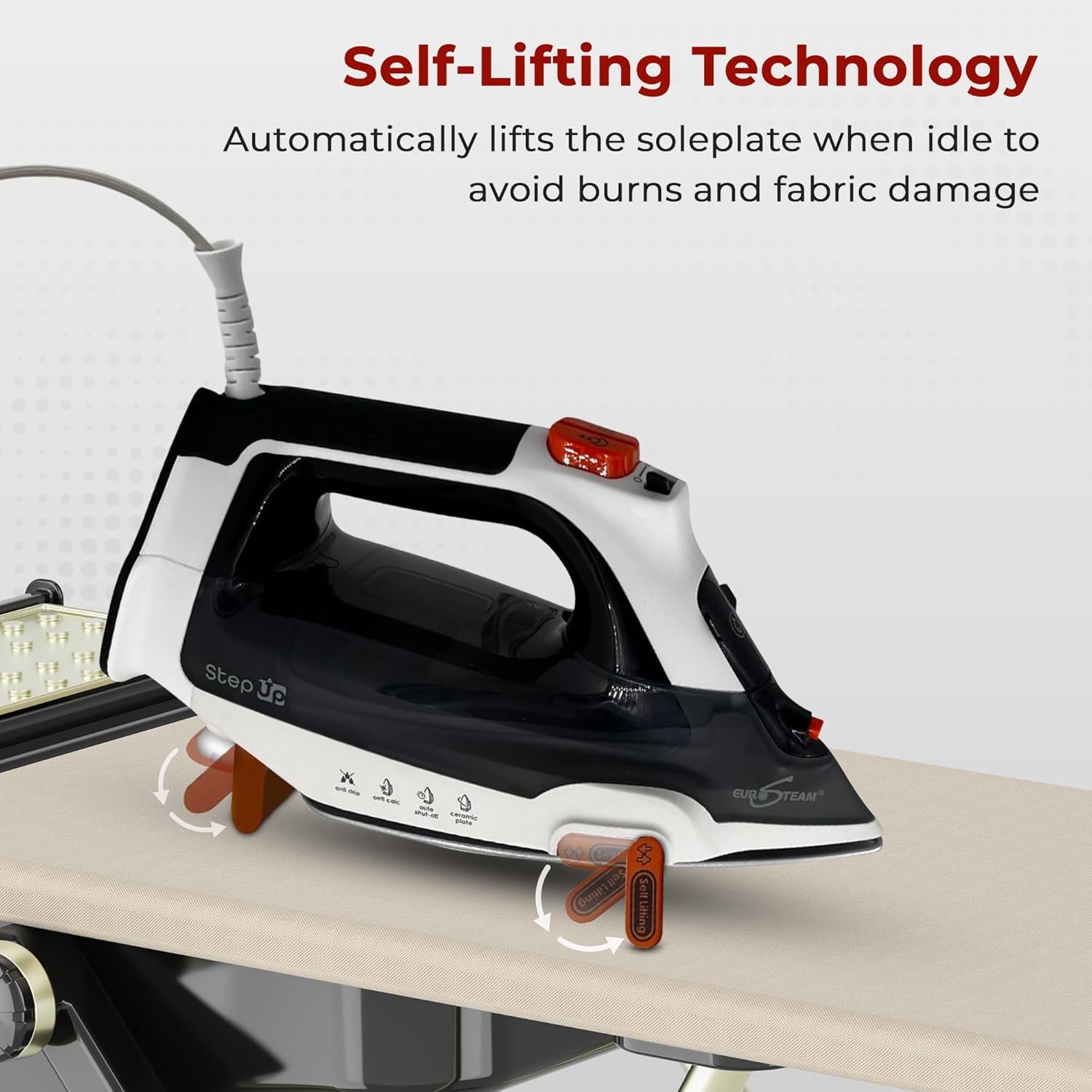 Ironing just got smarter. Meet the Eurosteam® Step Up — the iron that lifts itself! Eurosteam Step Up on ironing board